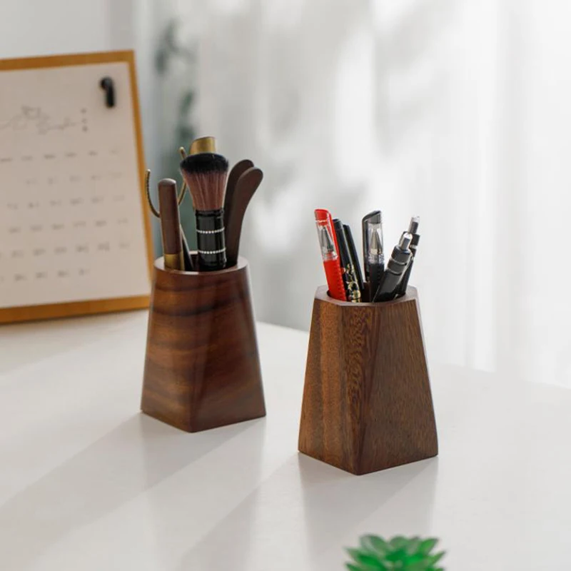 

Деревянный настольный органайзер для ручек из черного ореха с полированным дизайном, аксессуар для хранения на рабочем столе, коробка для ручек из ореха