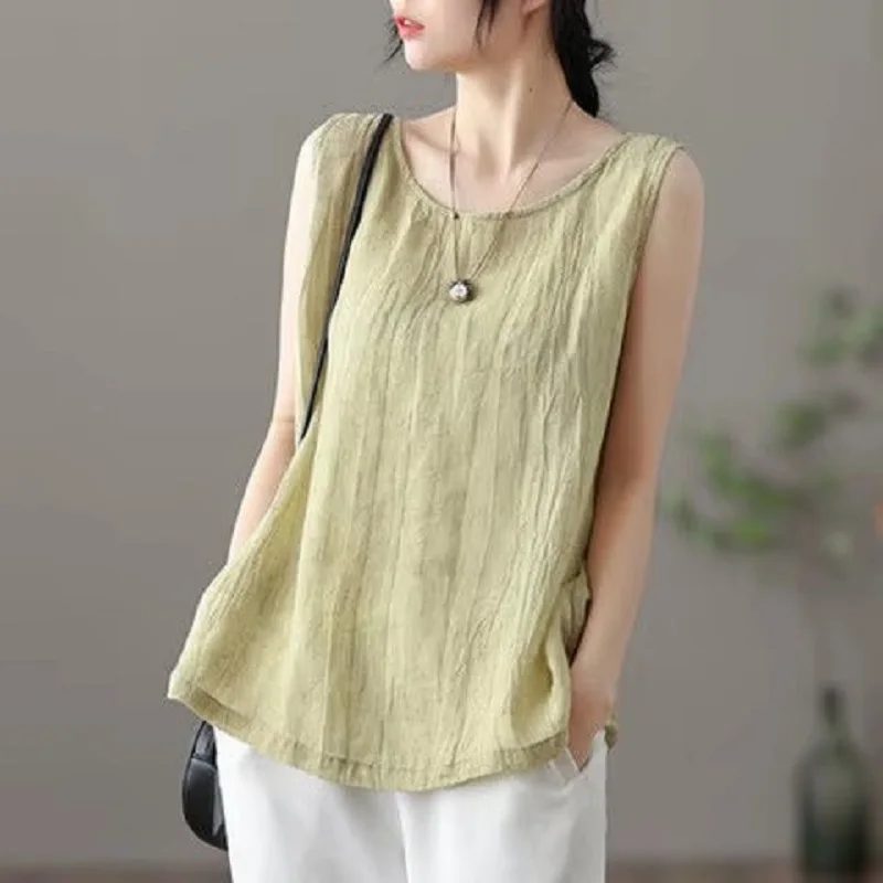 Summer Womens Sleeveless Cotton Linen Vest Loose Top