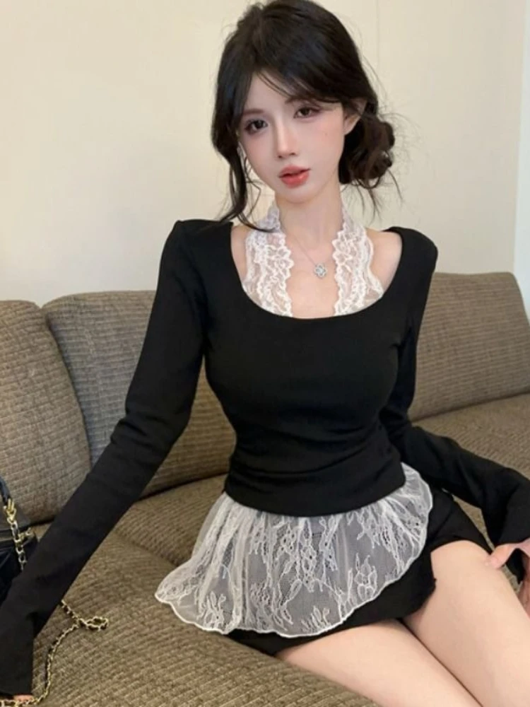 

Женская футболка с длинным рукавом, имитация двухслойного кроя, с кружевными вставками, на бретельках-спагетти, с эффектом утягивания, уникальный, потрясающий, модный топ