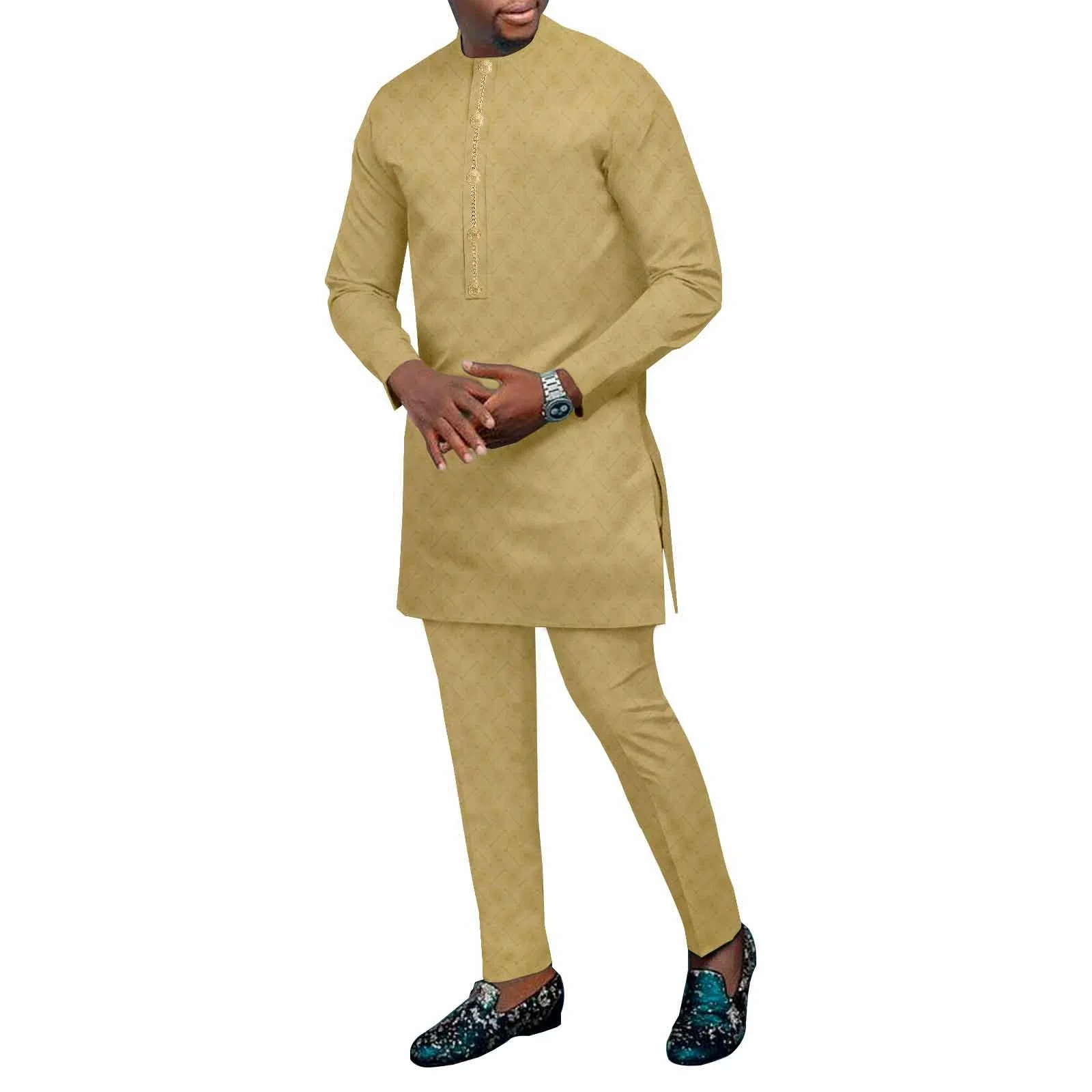 

New Dashiki Printed Men's Long Shirt + Trousers 2-Piece Custom Fashion Men's Groom's Suit African Party Wear for Wedding Party