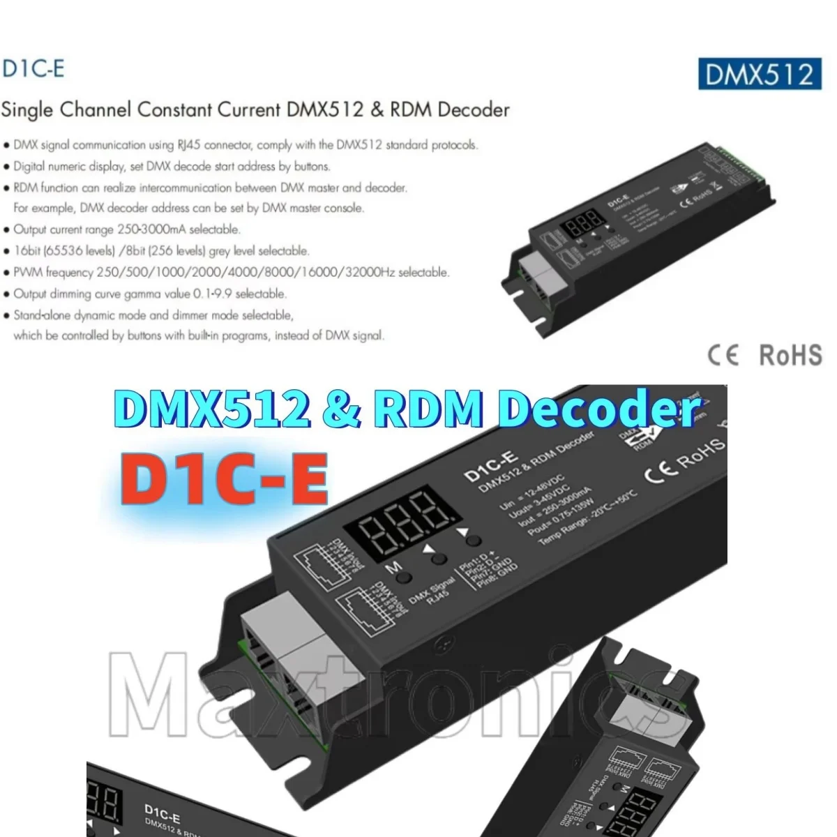 

(250-3000 мА) Декодер DMX512 и RDM 1-канальный постоянный ток D1C-E Одноканальный DMX Master 16/8-битный цифровой цифровой дисплей DC12-48V
