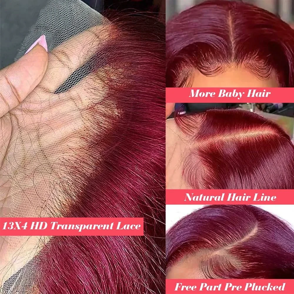99J بورجوندي اللون بوب شعر مستعار 13x4 الدانتيل أمامي بوب الباروكات 100% البرازيلي شعر الإنسان مستقيم قصير النبيذ الأحمر شعر مستعار للنساء #5