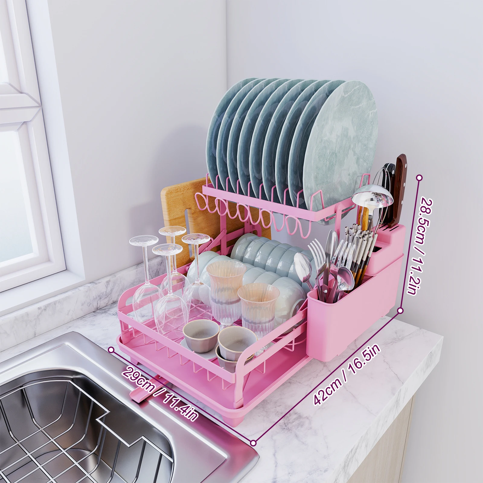 2 Tier Dish Rack, Kitchen Counter Dish Drying Rack, Pink Kitchen Appliance, No Drill Install, With Automatic Drainage System view 2