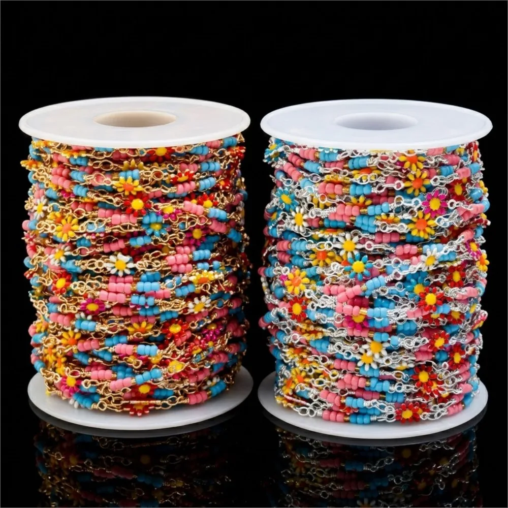 Cadena de 1 metro con diseño de margaritas, esmalte de cobre, color oro/acero, para la fabricación de collares, pulseras y joyería, cadenas de eslabones con diseño de flores solares.