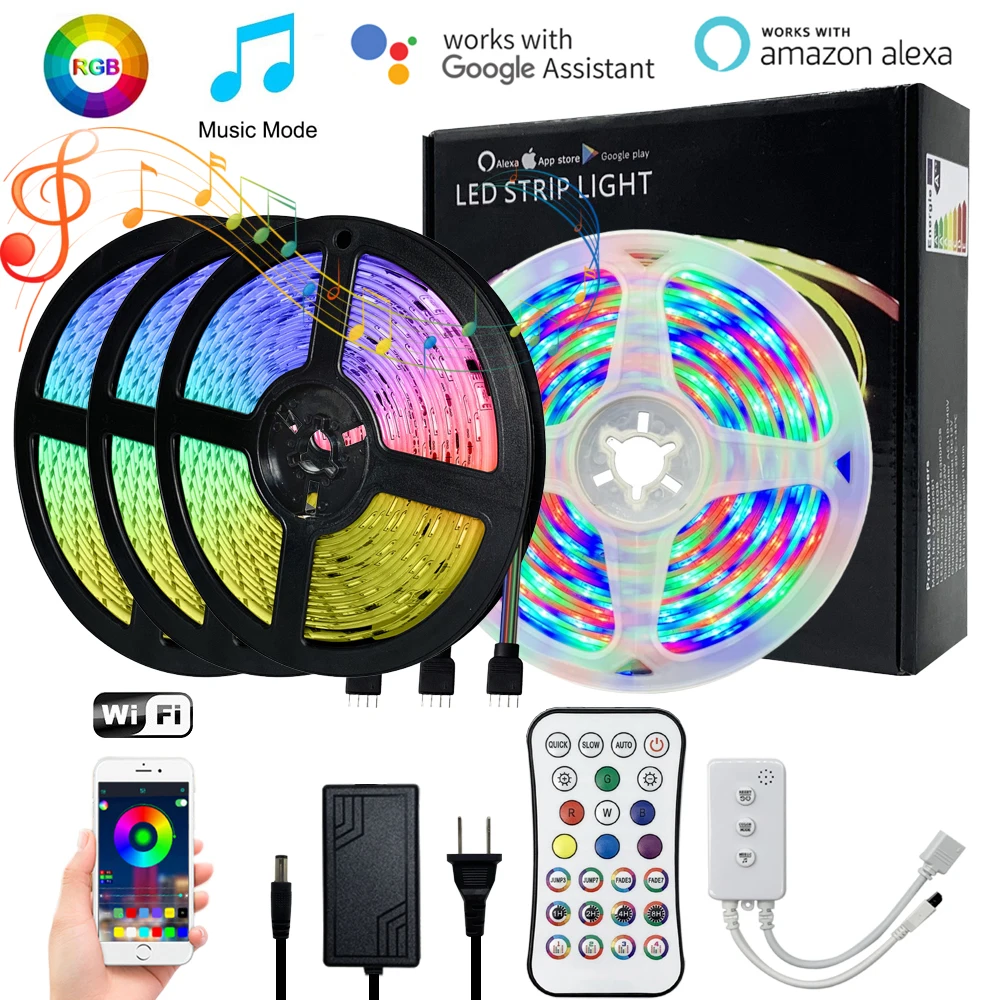 5M/10M/15M WiFi RGB 5050/2835 LED Strips of Lights Music Sync Decorative Luminous Tape Ribbon Work with Alexa APP Remote Control