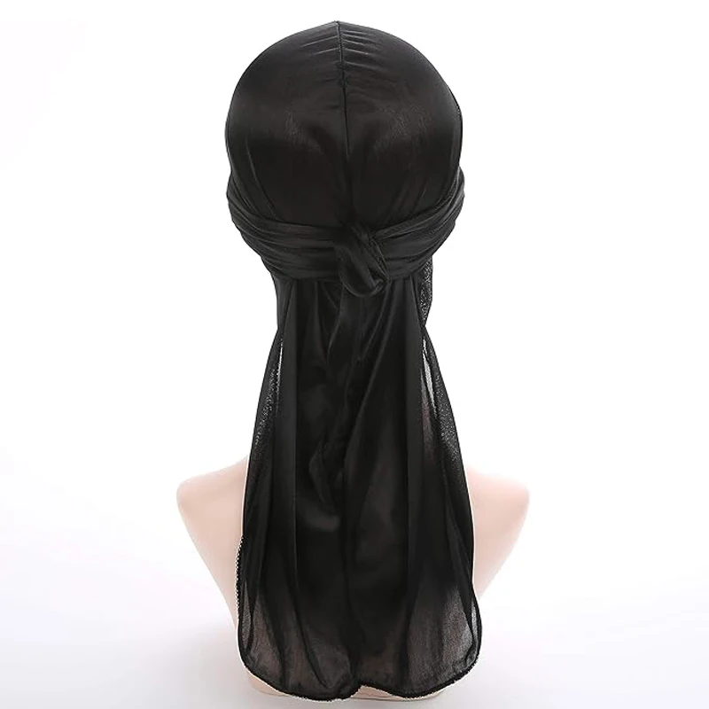 Unisex Satin Silk Extra Long-Tail Durag Headwraps Pirate Cap Bandana Headwear Caps for Hair Waves Fashion Design