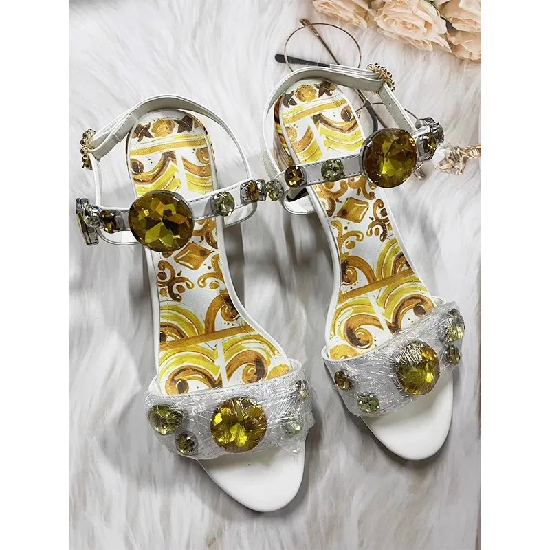 Bohemia Style Big Diamond Decorated Chunky Heels Women Gladiator Sandals Ladies Peep Toe Mixed Color Buckle Strap Banquet Shoes