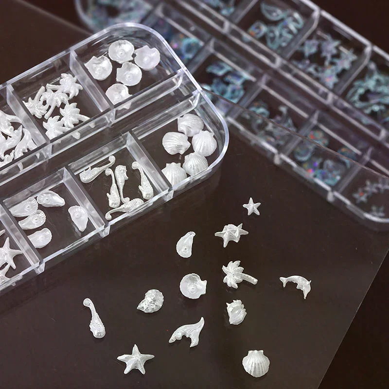 12 Grids/Box Aurora Nail Charm Shell Starfish Mermaid Tail 3d Nail Art Accessories For A Dreamy And Oceanic Manicure Look