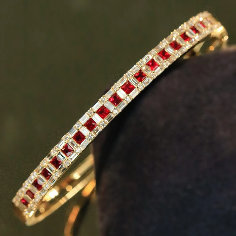 Aazuo Luxury 18K Yellow Gold Natrual Real Diamonds 1.0ct Natrual Ruby 1.5ct Bangle For Woman Upscale Trendy Engagement Party
