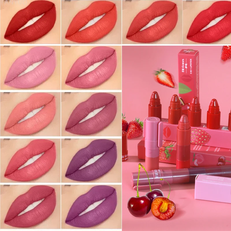 5-in-1 Matte Velvet Lipstick Crayon Kit Combo Pink Red Lip Tint Sexy Mehrfarbiger Lippenstiftstift Anhaltendes Antihaft-Cup-Lippen-Make-up