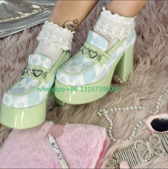 Damskie zielone buty Mary jane na platformie z masywnymi obcasami w stylu vintage eleganckie buty do styl lolita tańca sukienka na co dzień Y2K