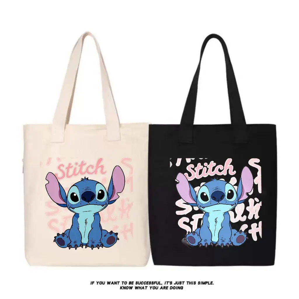 حقائب اليد المصنوعة من القماش باللونين البيج والأسود من Lilo & Stitch - رسم توضيحي لشخصية الغرز الملونة، اقتباس تحفيزي 'معرف ماذا أنت #3