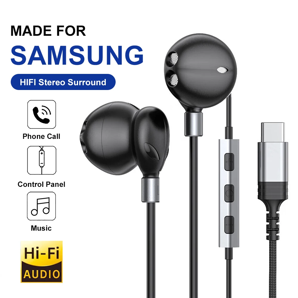 

For Samsung Wired Headphones HiFi 9D Surround Sound With Wire Control Type C 3.5mm Music Earbuds For Galaxy S25 24 Ultra A54 A53