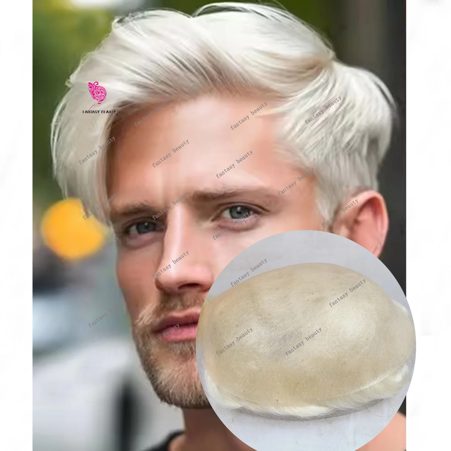 

Undetectable Hairline Mens Toupee Blonde #60R Natural HumanHair Wig Super Thin 0.06mm Durable Vloop Silicon Grey White 1b80 Unit
