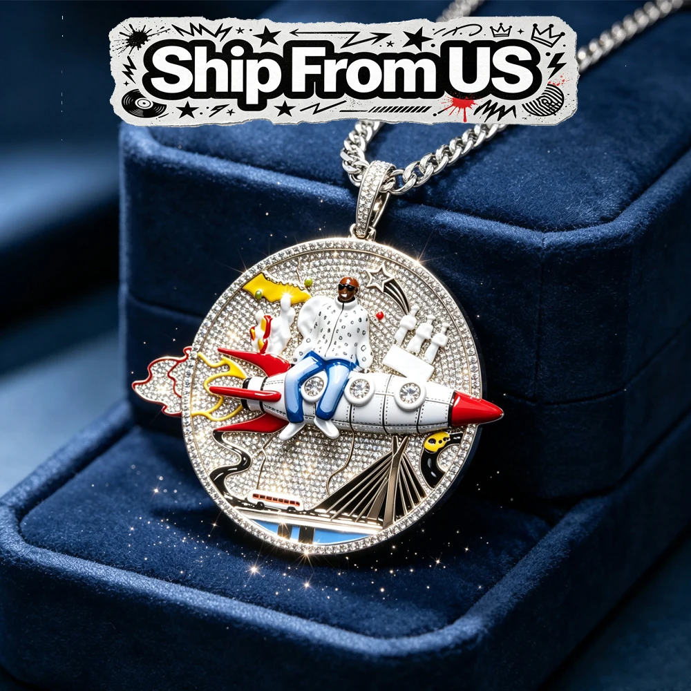 18K Gold Plated Charm Hip Hop Culture Lovers Club Wear Necklace Iced Out Rocket Man Pendant Micro Pave Cubic Zirconia Rapper Streetwear Accessory Fine Jewelry Gifts for Men Boy Friends Figure On Rocket Medallion Bling Jewelry