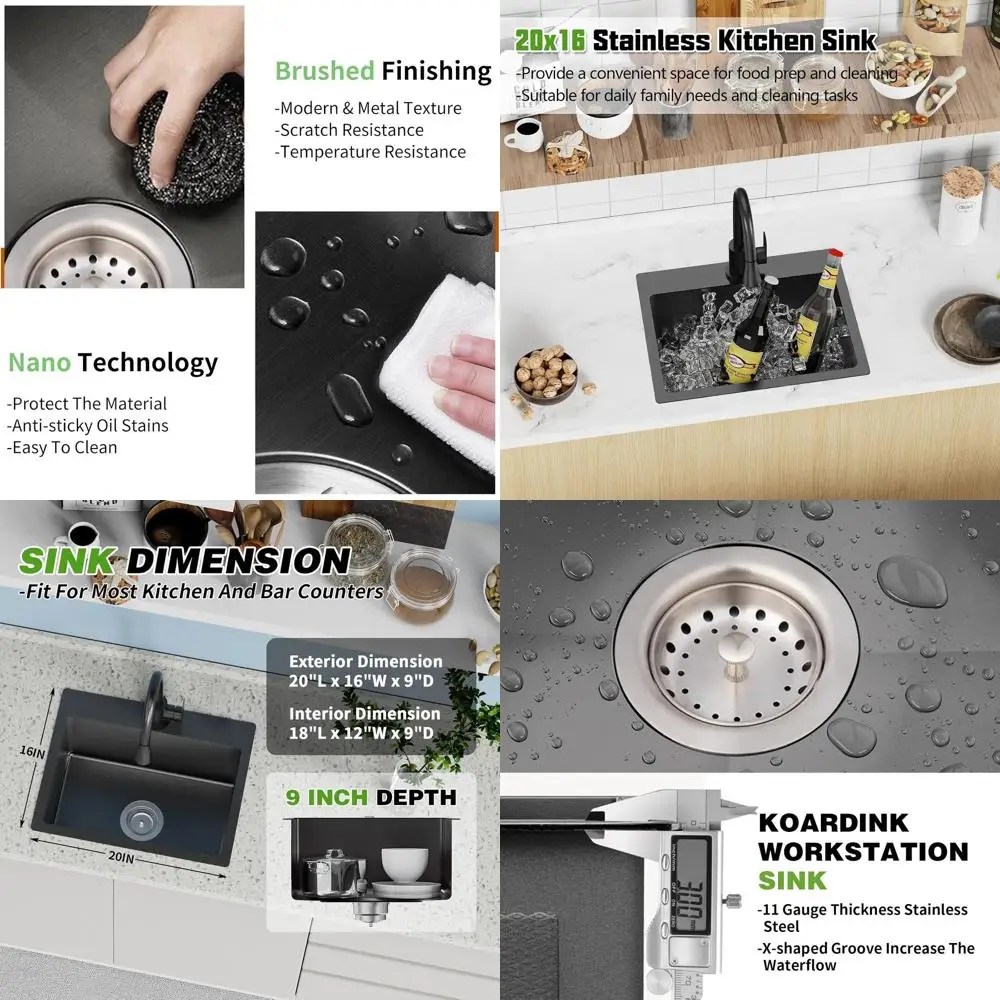 

20x16 Inch Stainless Steel Drop-In Single Bowl Kitchen & Bar Sink with Silicone Mat and Drain Strainer Set