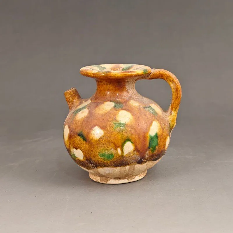 Chinese Tang Tri-Color Porcelain Teapot Dot Painting Design 4.13 inch Tang Sancai Pointillist Oil Pot