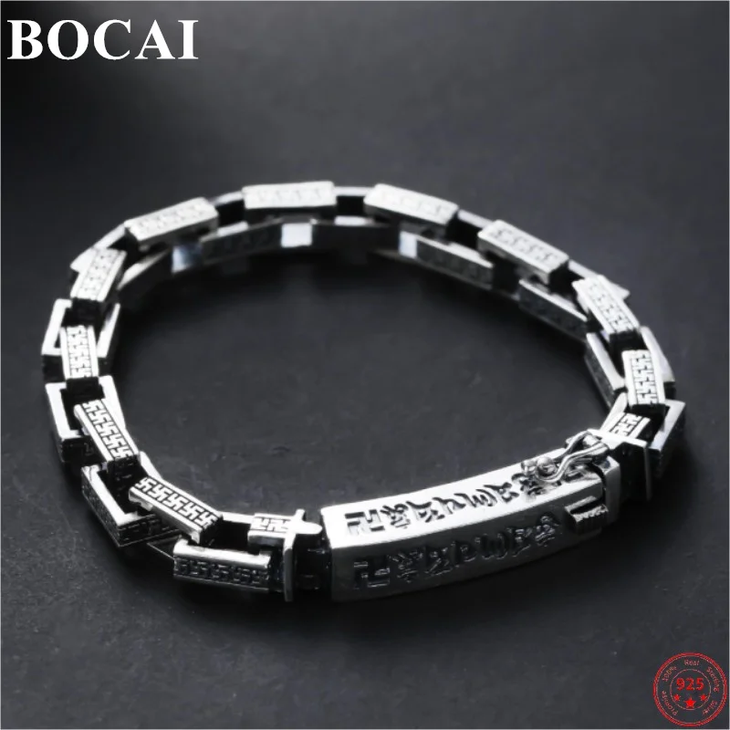 BOCAI S925 Sterling Silver Bracelets for Men New Men's Fashion Six Character Truth Square-chain Amulet Bangle Free Shipping