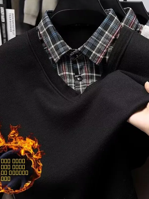 

Plaid irt Collar Fce Lined Slim Fit Knitted Sweater Fake Two-Piece Sle Men's Faion Busin Casual Winter ...