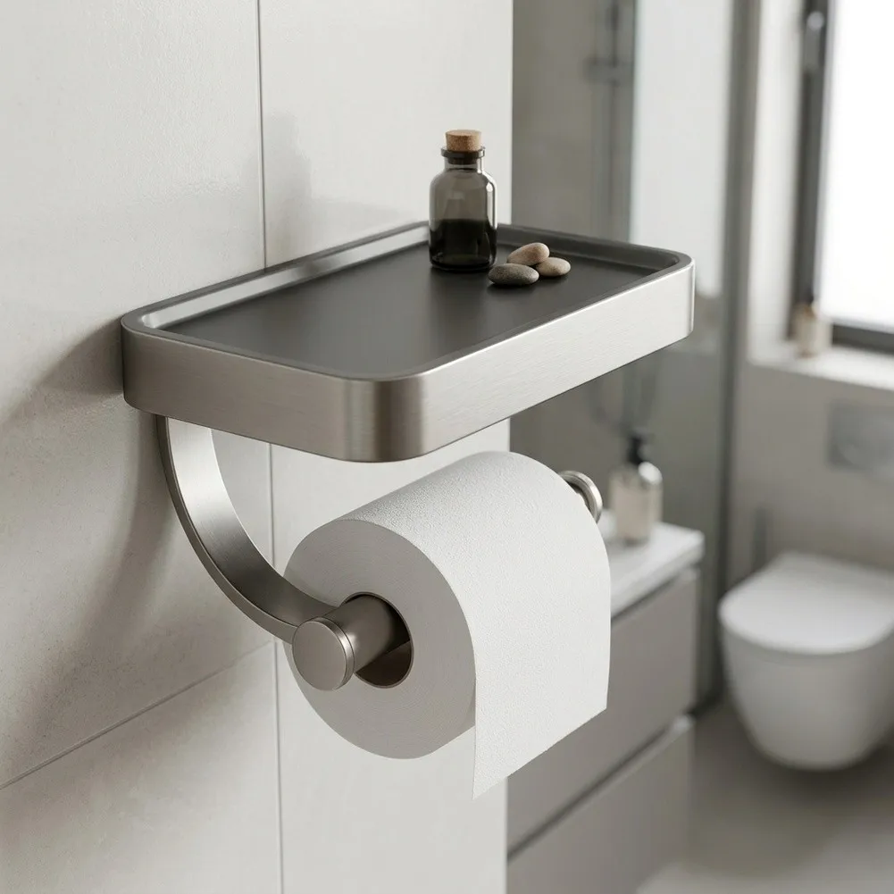 Mounting Hole Distance 5.1 Inch Zinc Alloy Toilet Paper Holder with Shelf and Phone Stand for Easy Installation