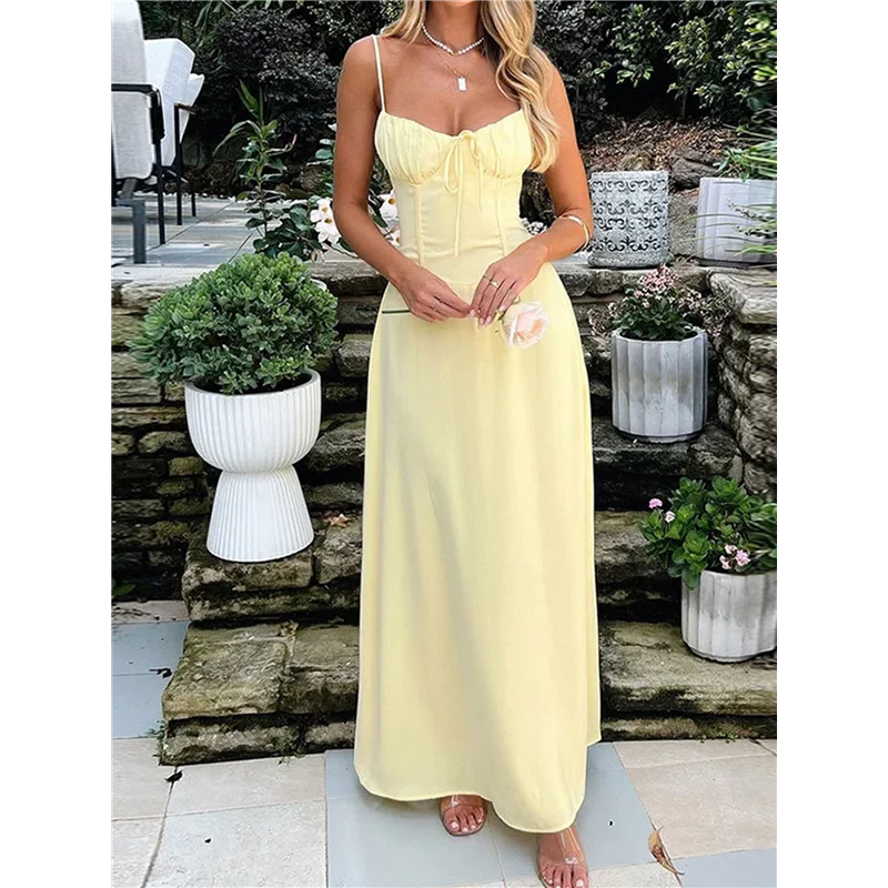 ASDS-Boho 流れるようなスリットレースアップドレス女性の外出 A ラインカジュアルサンドレス