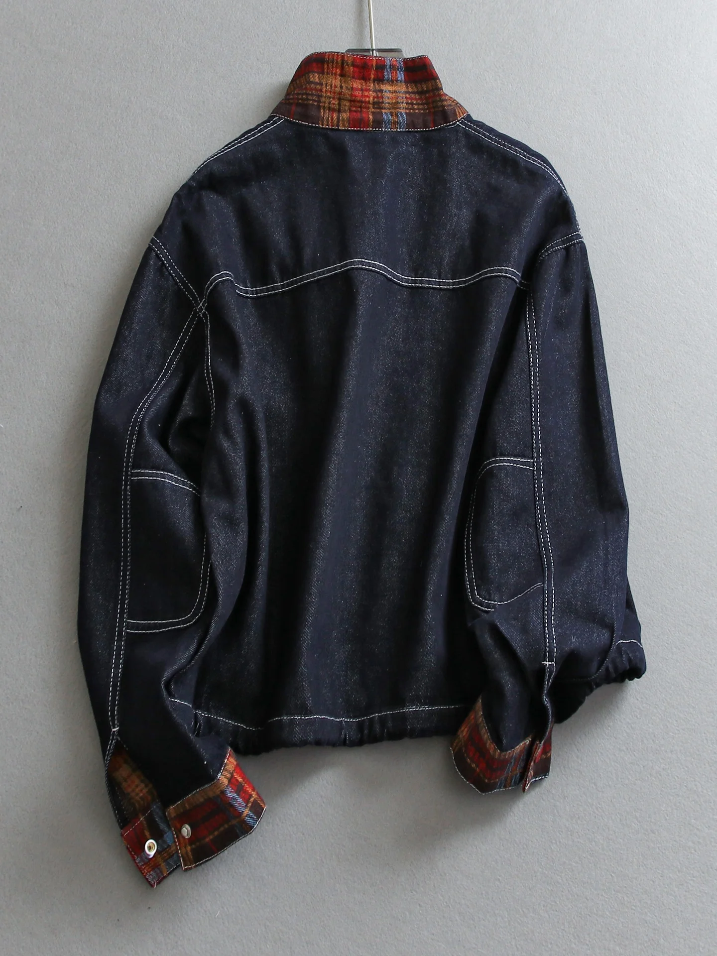 Slimming Plaid Loose Fit Stand Collar Denim Jacket Women's Short Outerwear Spring 2026 Casual Style Korean Version E063