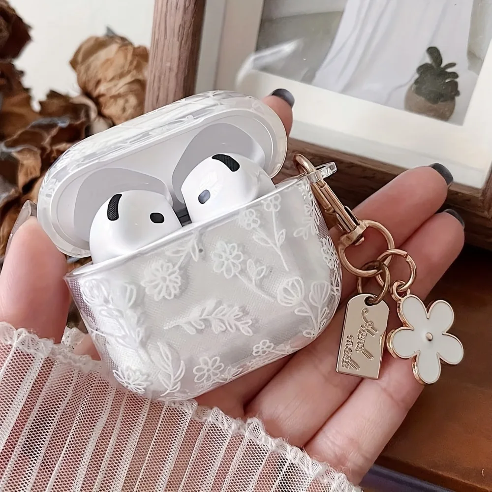 

Elegant White Flower Pattern Earphone Case for Apple AirPods Pro2/Pro3/Pro Headphones Cover For AirPods 4/3/1/2 Protective Cases