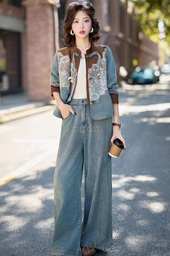 

2025 chinese improved retro fashion style denim tang suit set women lace patchwork long sleeve blouse wide-leg pants 2piece set