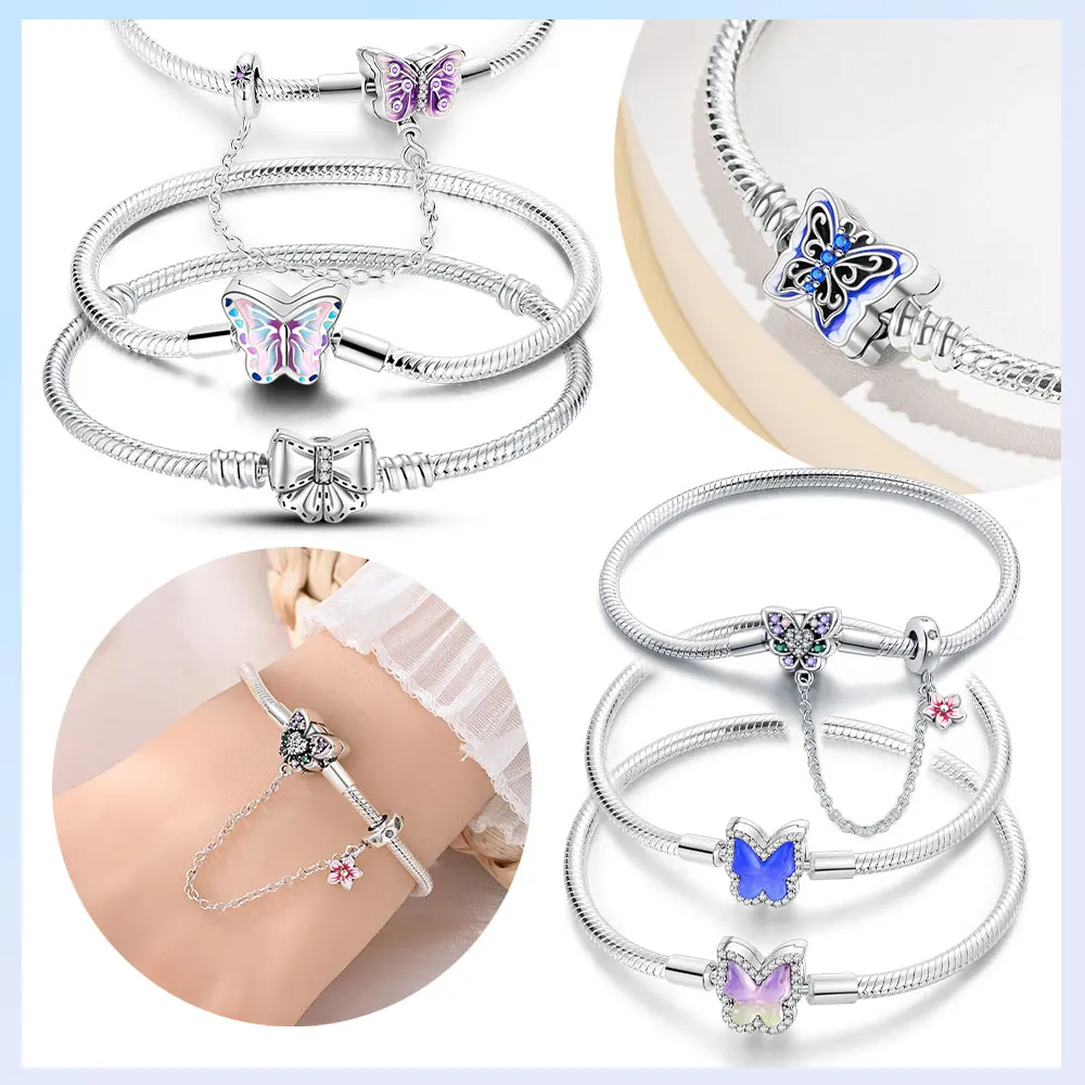 

Оригинальный браслет из серебра 925 пробы, фиолетовая бабочка, фиксированная цепочка, браслет в форме сердца, красочные женские украшения, роскошный юбилей, красивый подарок