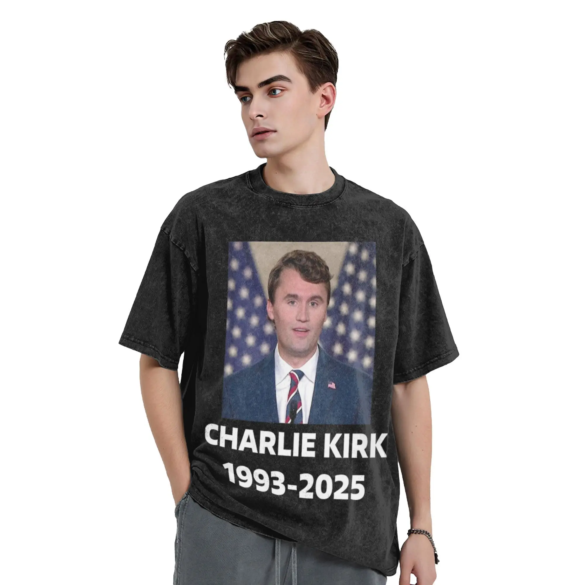T-shirt lavata streetwear Charlie Kirk T-shirt in cotone morte T-shirt per il tempo libero per magliette estive maschili Y2K con motivo basic