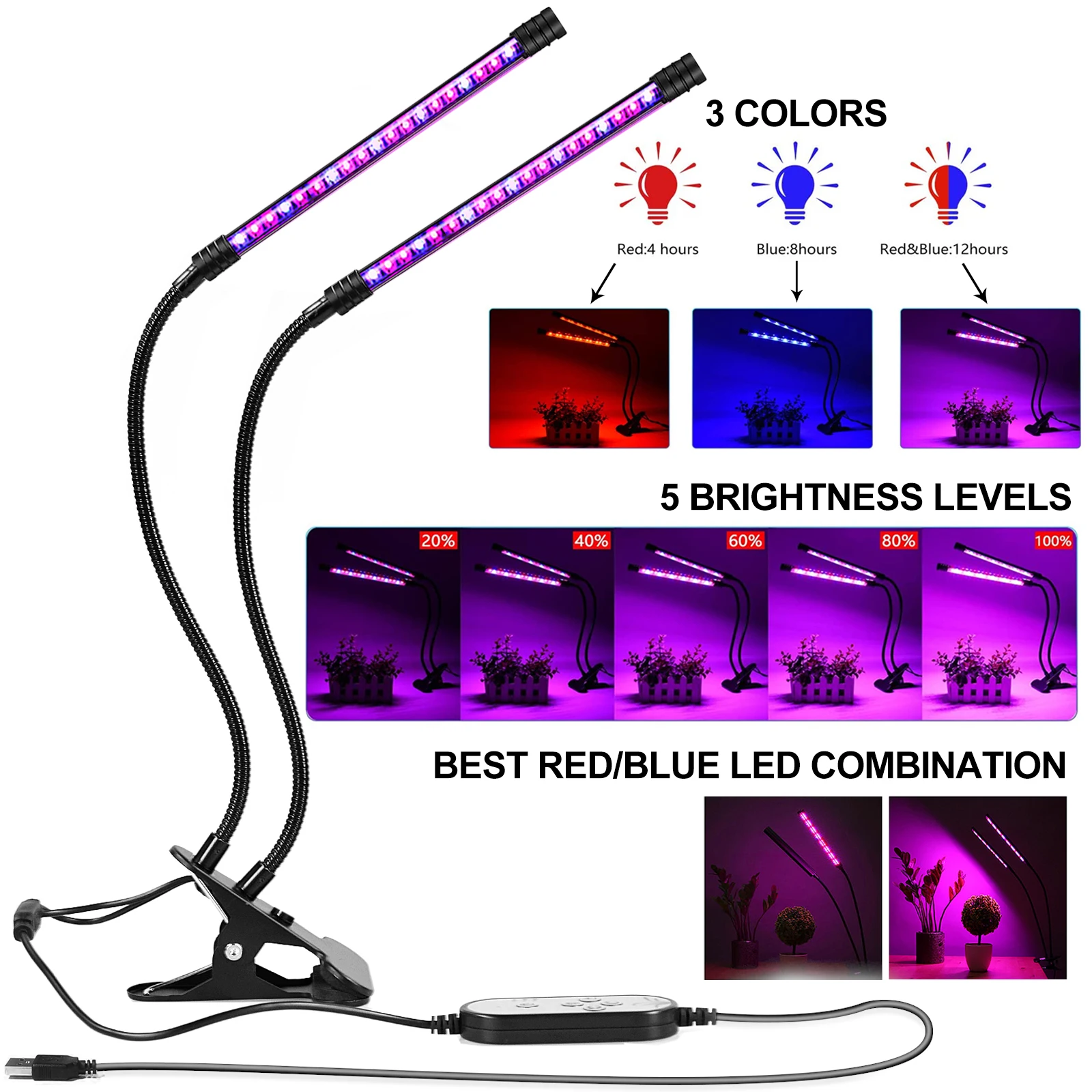 LED Plant Grow Light 2 Strip, Full Spectrum Growing Lamp w/ 3 Timers 5 Brightness Lighting Level, Clamp Type USB Planting Growth
