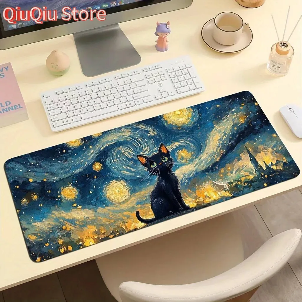 Van Gogh Starry Night Kawaii Cat Mouse Pad Large Gaming Rug Home Office Computer Laptop Keyboard Gamer Anti-Slip Rubber Desk Mat