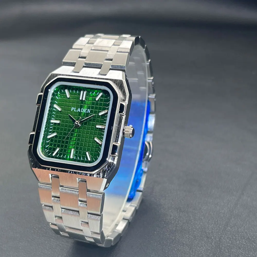 PLADEN Rectangular Business Watches for Men 2025 Fashion Brand Quartz Stainless Steel Band Green Dial Wristwatches Male Clock