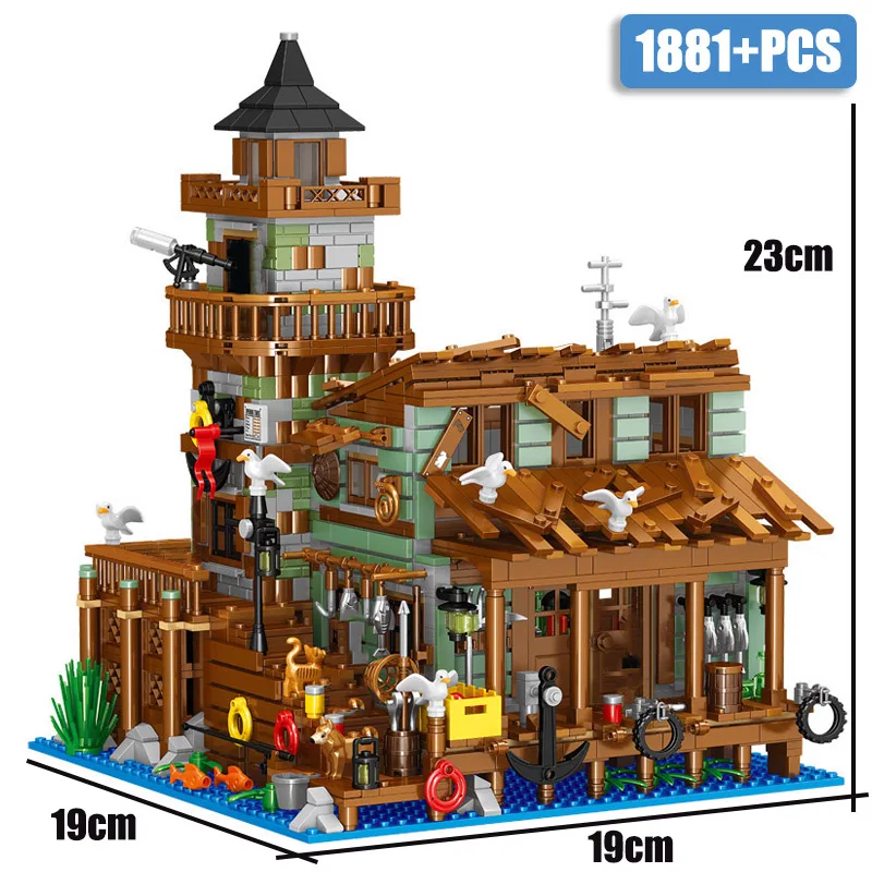 MOC City Old Fishing Store Wharf Fisherman Cabin Mini Size Building Blocks Idea Street View Wooden House Bricks Toys For Kids