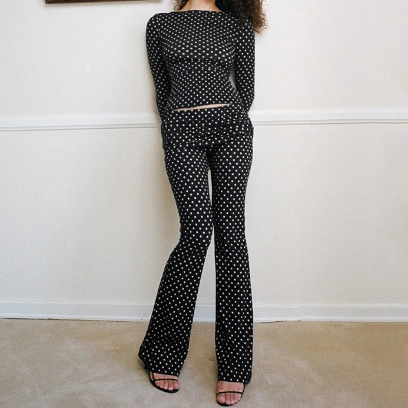 

Fashion Polka-dot Printed Women's Suit Spring and Autumn Word Collar Long-sleeved Trousers Female Micro-speaker Two-piece Set