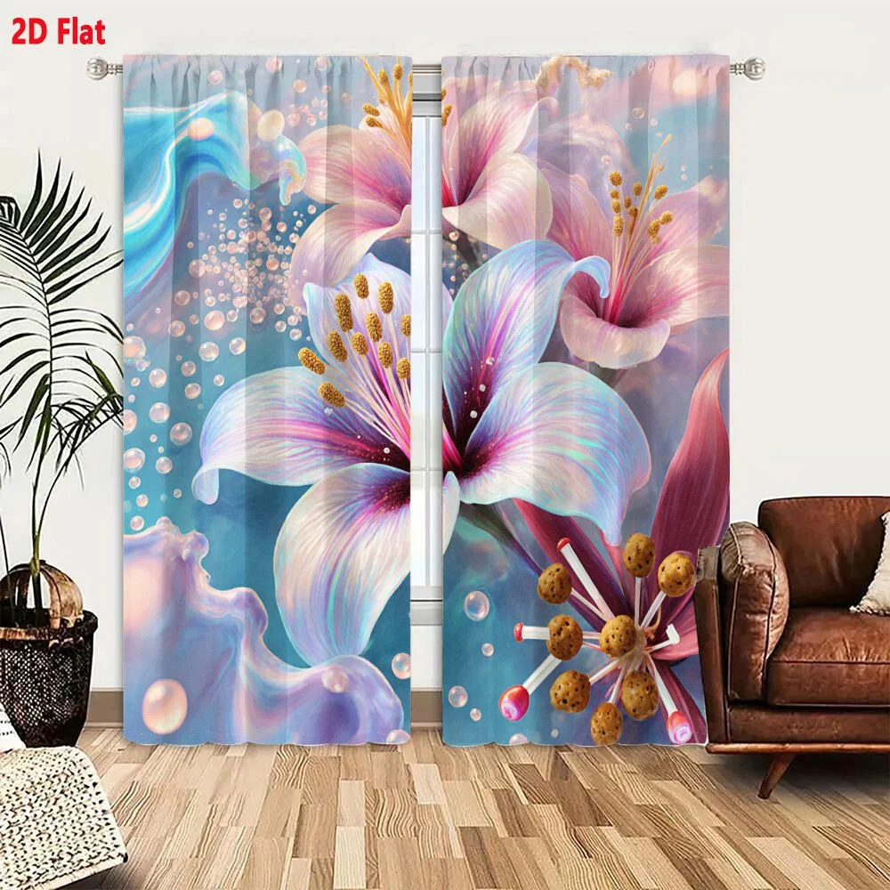 2Pcs Curtains 2D Flat Surreal Digital Artwork Stylized Flowers Pastel Background Iridescent Petals Golden Stamens Pink Blue Purp