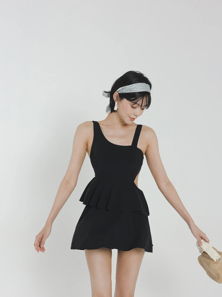 Slimming One-Piece Swimsuit Women's Skirt Style Swimming Costume Cover-Up Casual Spring 2023 No Sleeve Fixed Chest Pad