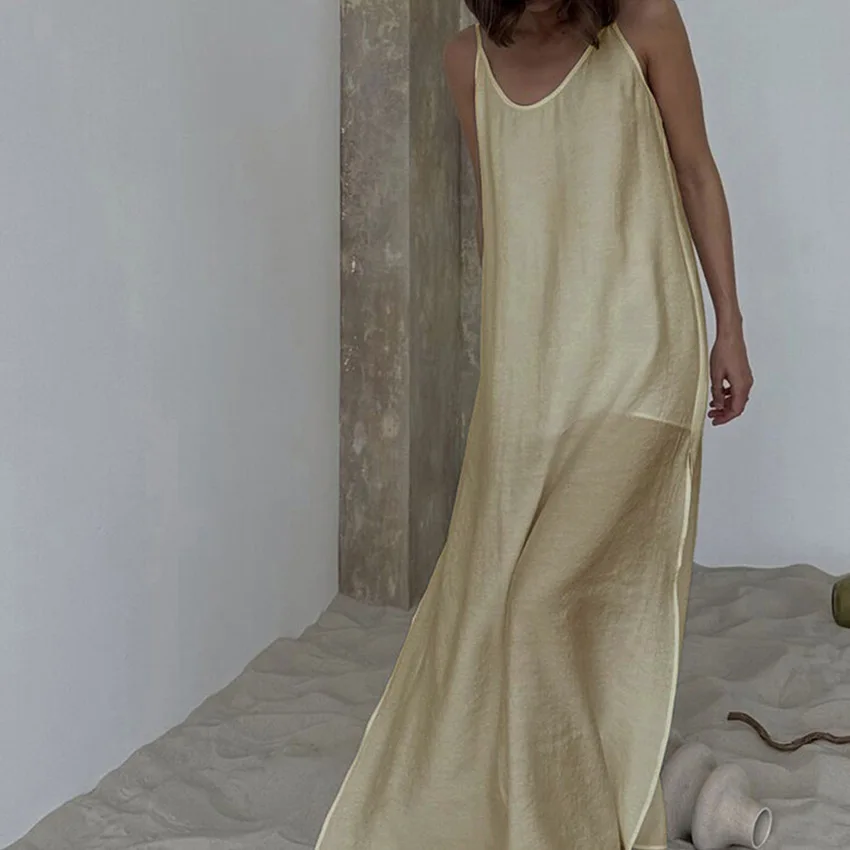Long Pale Yellow Women's Nightgown V-Neck Spaghetti Strap Maxi Slip Dress Sleepwear High Side Slit Beach Cover-Up Pajamas Summer