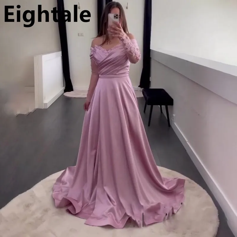 

Eightale Pink Long Sleeve Evening Dress Off Shoulder Satin Dress With Appliques Arabic Formal Prom Party Gown Celebrity Dress