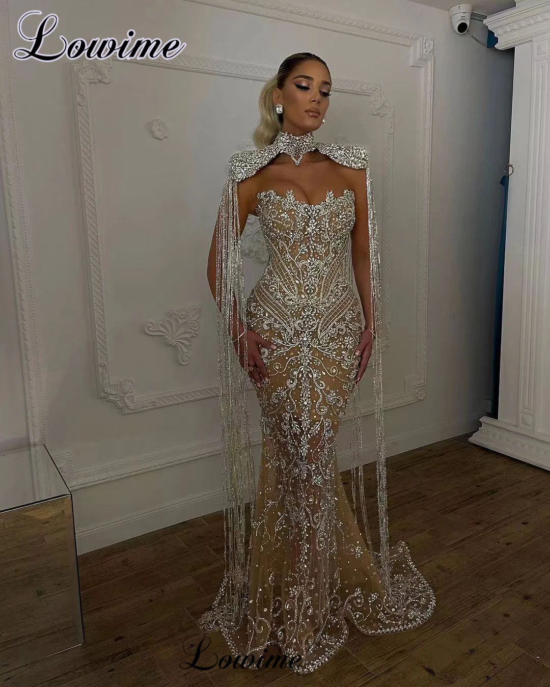 Full Heavy Handmade Crystals Evening Dresses High Luxury Mermaid Formal Occasion Dresses With A Wrap Robes De Soirée Prom Dress