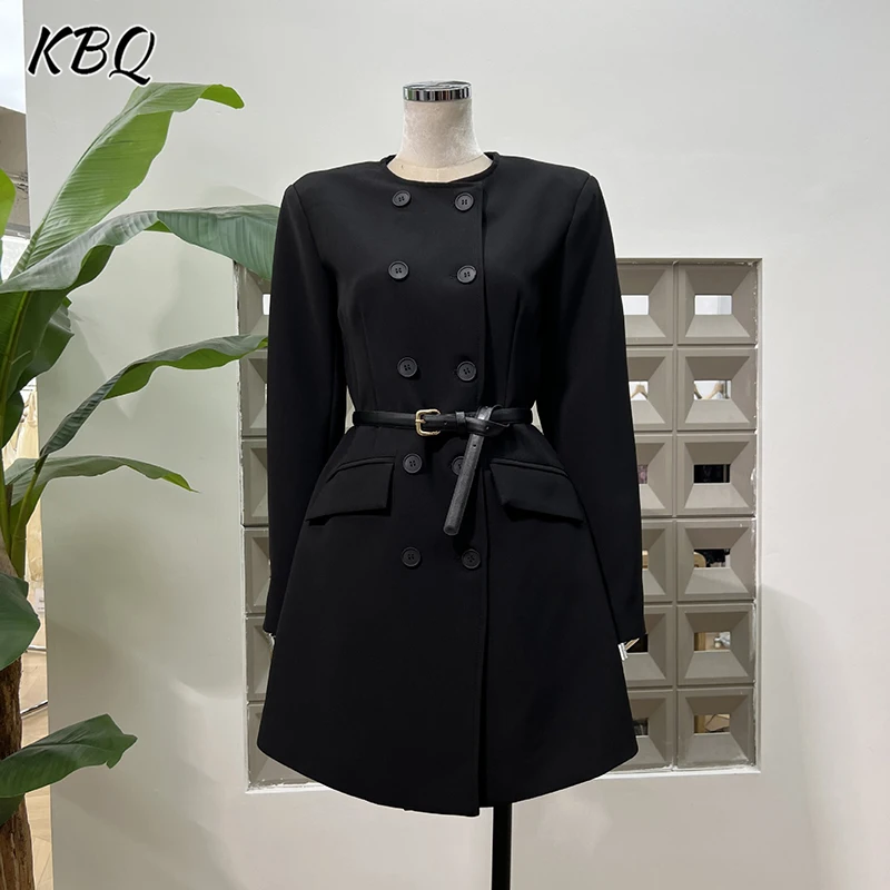

KBQ Elegant Solid Spliced Button Tunic Coats for Women Round Neck Long Sleeve Patchwork Beltes Party Jackets Female Fashion New