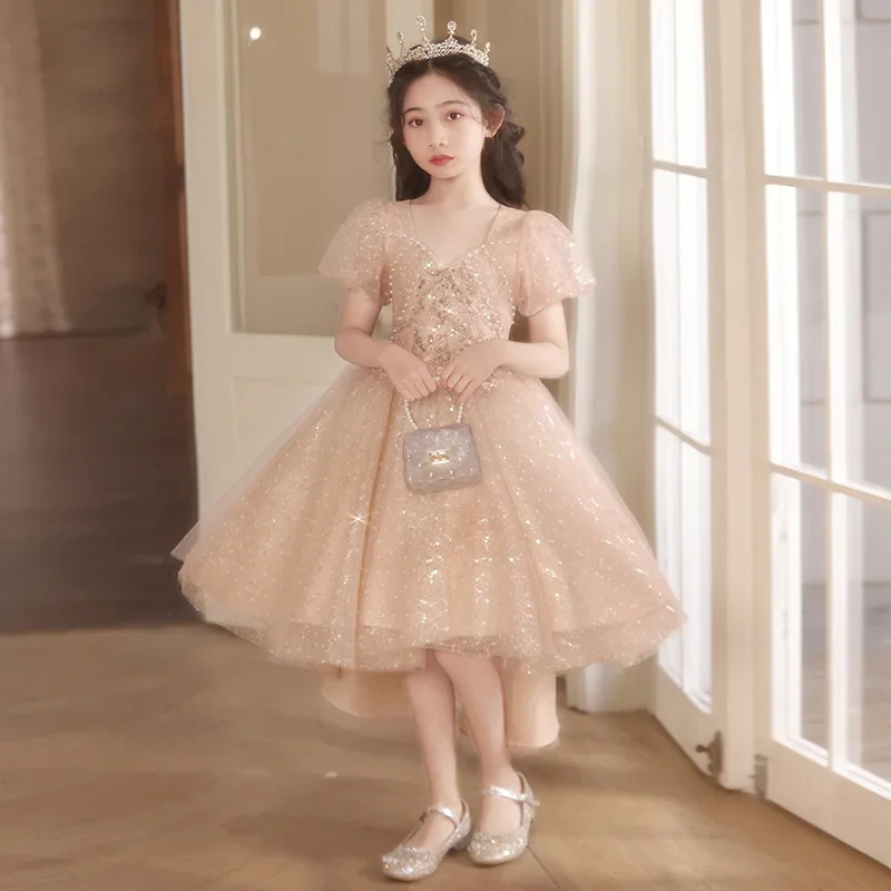 Girls Princess Dress Sequined Luxury Fashion Girl Dresses Solid Boutique Evening Ball Gown for Children Puff Sleeves Frocks