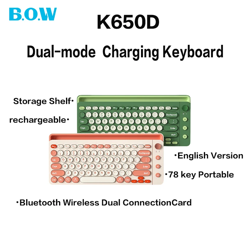 

BOW K650D Bluetooth Wireless Dual-mode Charging Keyboard Portable With Card Slot Phone Tablet PC Universal Stand Keyboard 78key