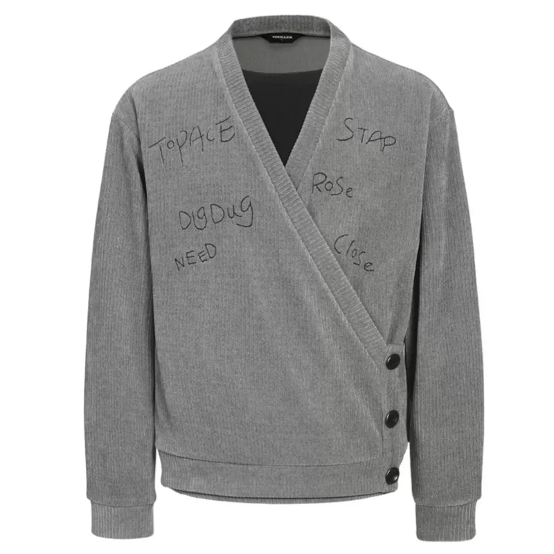 Stripe Embroidery Button Design American Style V-Neck Sweatshirt Patchwork For Man Fashionable Grey Long Sleeve Casual Tops