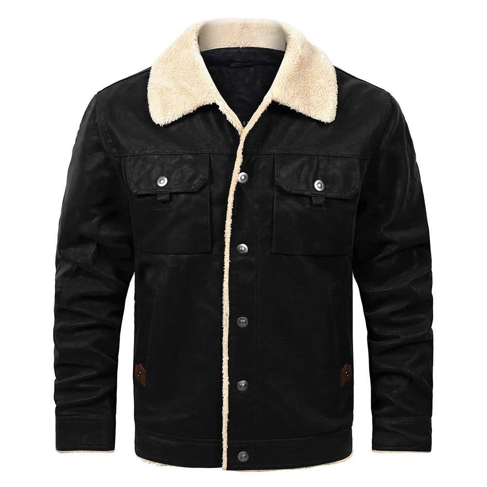Man Plush Coat Winter Vintage Contrast Color Long Sleeve Male Outerwear Thicken Turn Down Collar Single-breasted Men Jacket