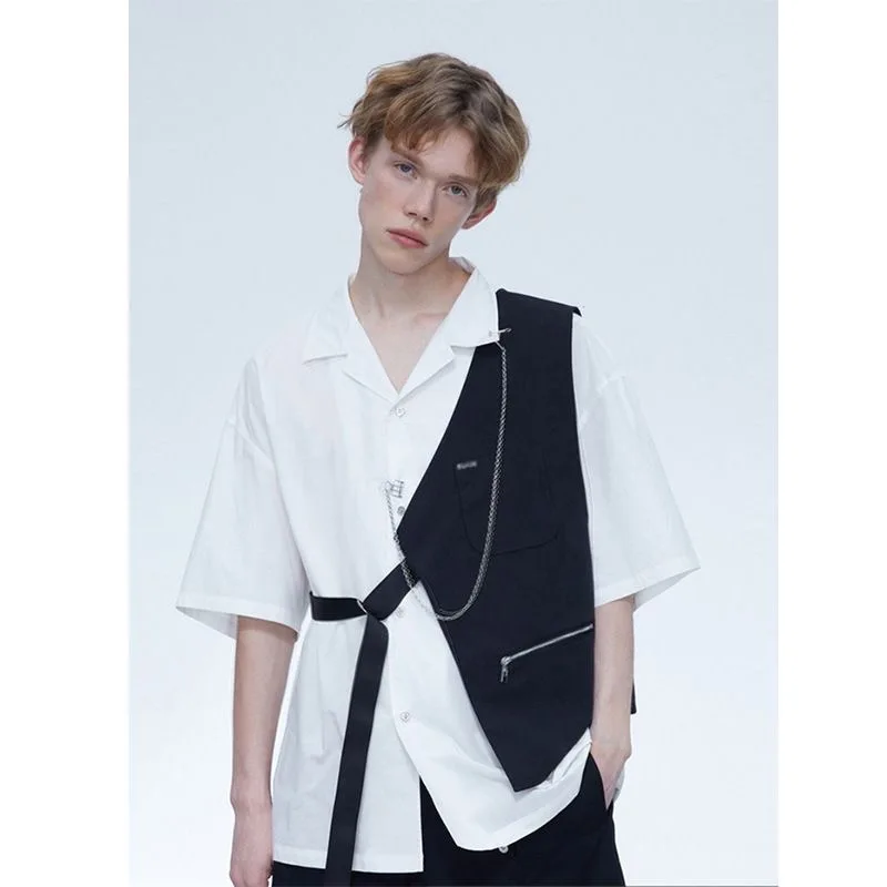 

XXXL High Street Suit Vest Shirt Men Trendy Street Pippy Handsome Blouse Kam Shoulder Outer Wearing Shirt Tank Top Two Piece Set