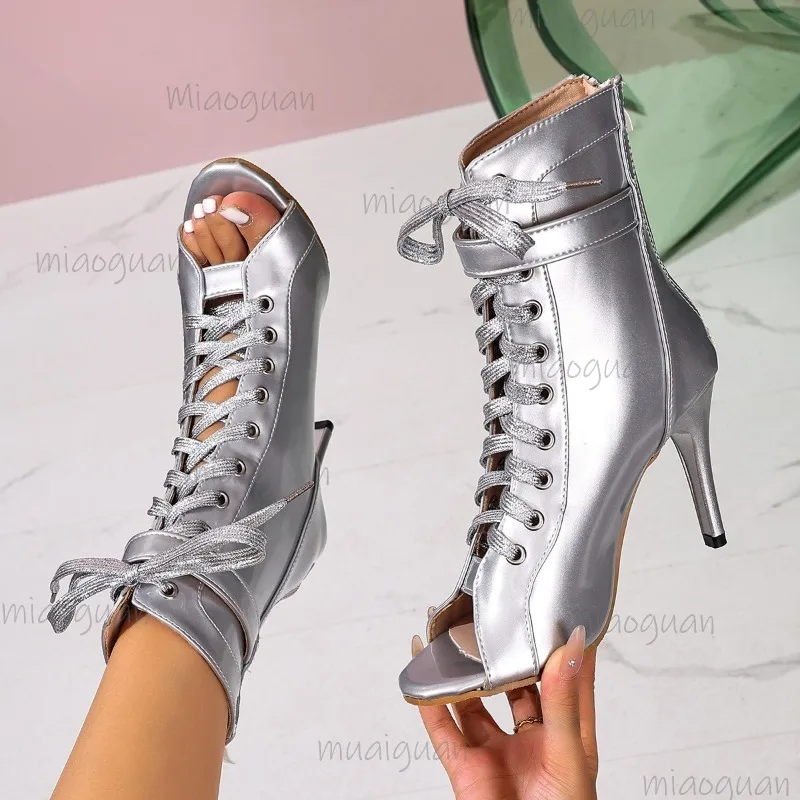 Silver Leather High Heeled Summer Short Boots Lace Up Peep Toe Women's Stiletto Elegant Boots Size 35-43 Botines Para Mujeres