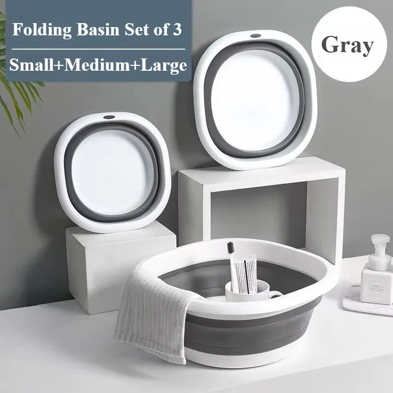 

Deep Gray Collapsible Basin Set (3 Sizes) - Space-Saving Portable Sink for Dorm&Travel, Non-Slip Bathroom Essentials sustainable