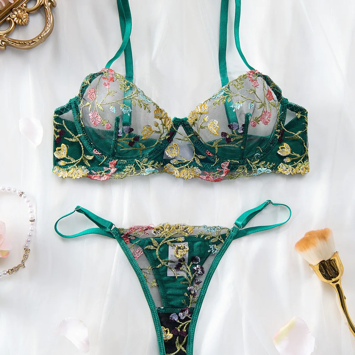 セクシーな花柄プリントのブラジャーとショーツのセット、スチールリング入り、ローウエスト、ポリエステル素材、越境新着下着