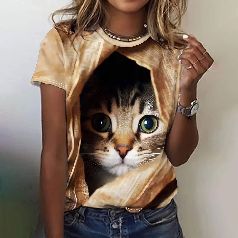 女性用3D猫柄Tシャツ,半袖トップス,カジュアル原宿ファッション,ルーズなストリートスタイル,楽しい動物パターン